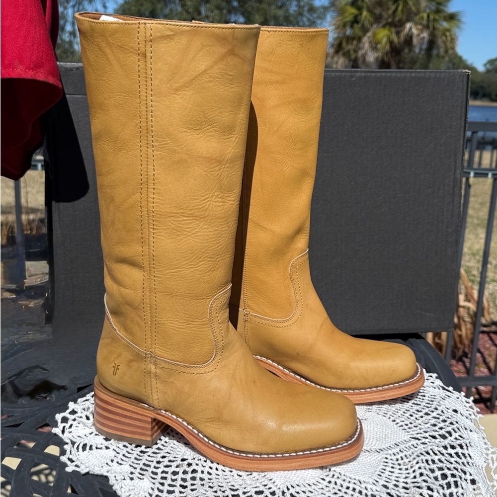 NIB! Retail $498 Frye Campus 14L Banana  Leather Tall Boots On current website. - Picture 5 of 10